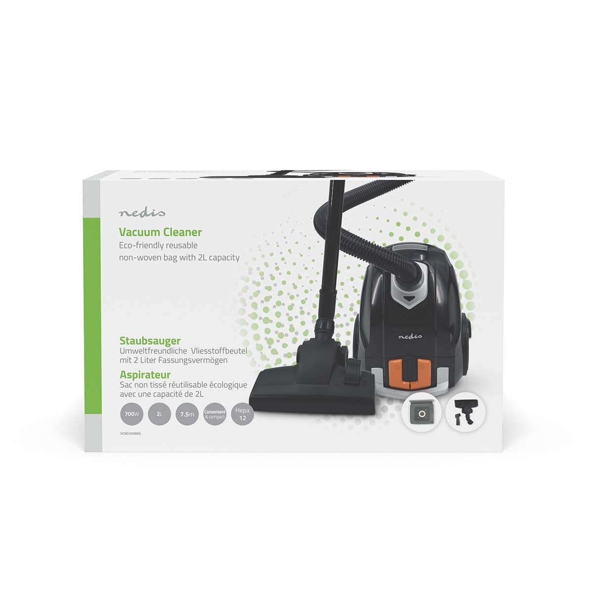 Vacuum Cleaner | With Bag | 700 W | Dust capacity: 2.0 l | Combi Brush | Action radius: 7.50 m | Hepa 12 | Black / Orange