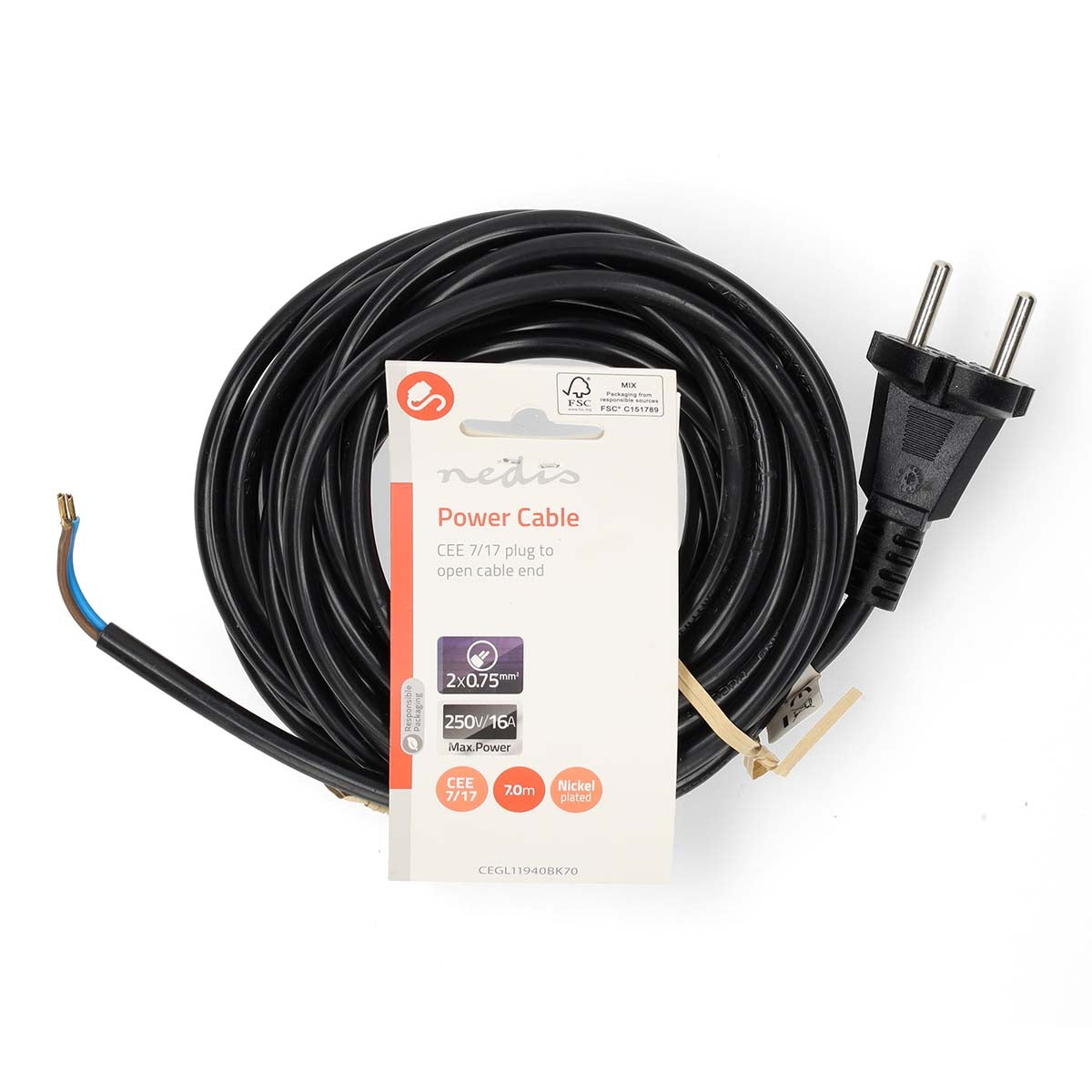 Vacuum cleaner power cord | 7.00 m | CEE 7/17 | 250 V AC | 16 A| Black | PVC