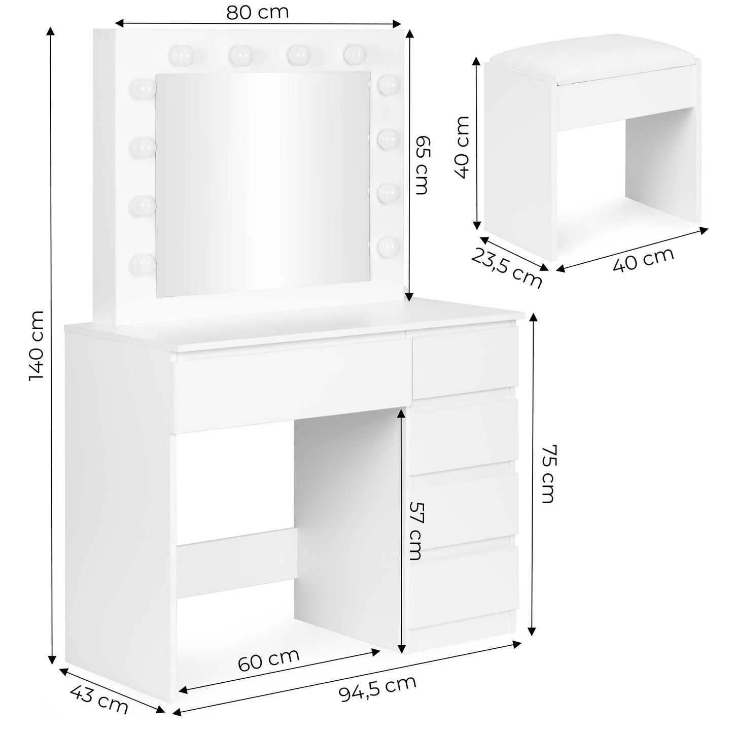 Vanity Table with LED Mirror, 5 Drawers, Stool Included