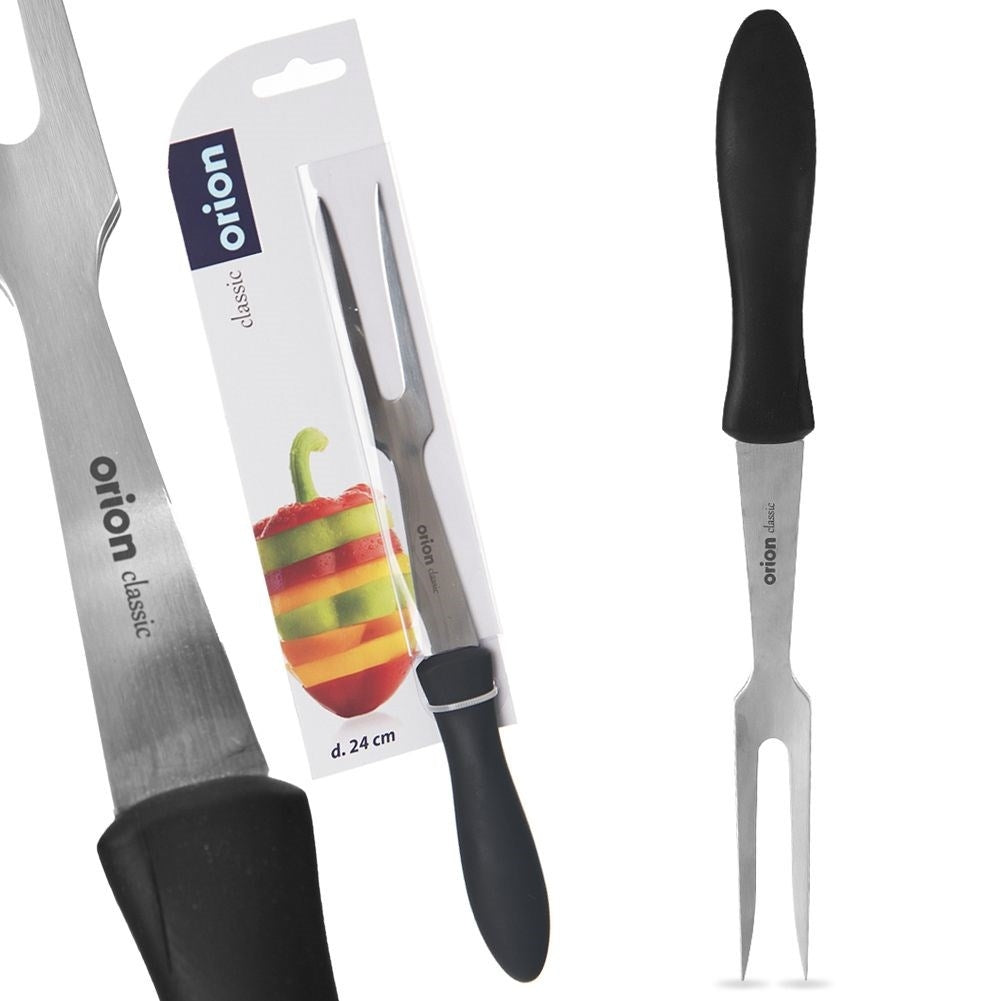 Versatile kitchen fork in stainless steel and black plastic