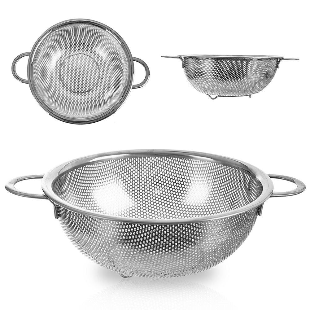 Versatile kitchen strainer in stainless steel with handle and legs