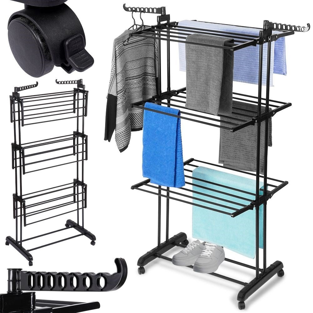 Vertical drying rack with 6 arms, hooks and shelf