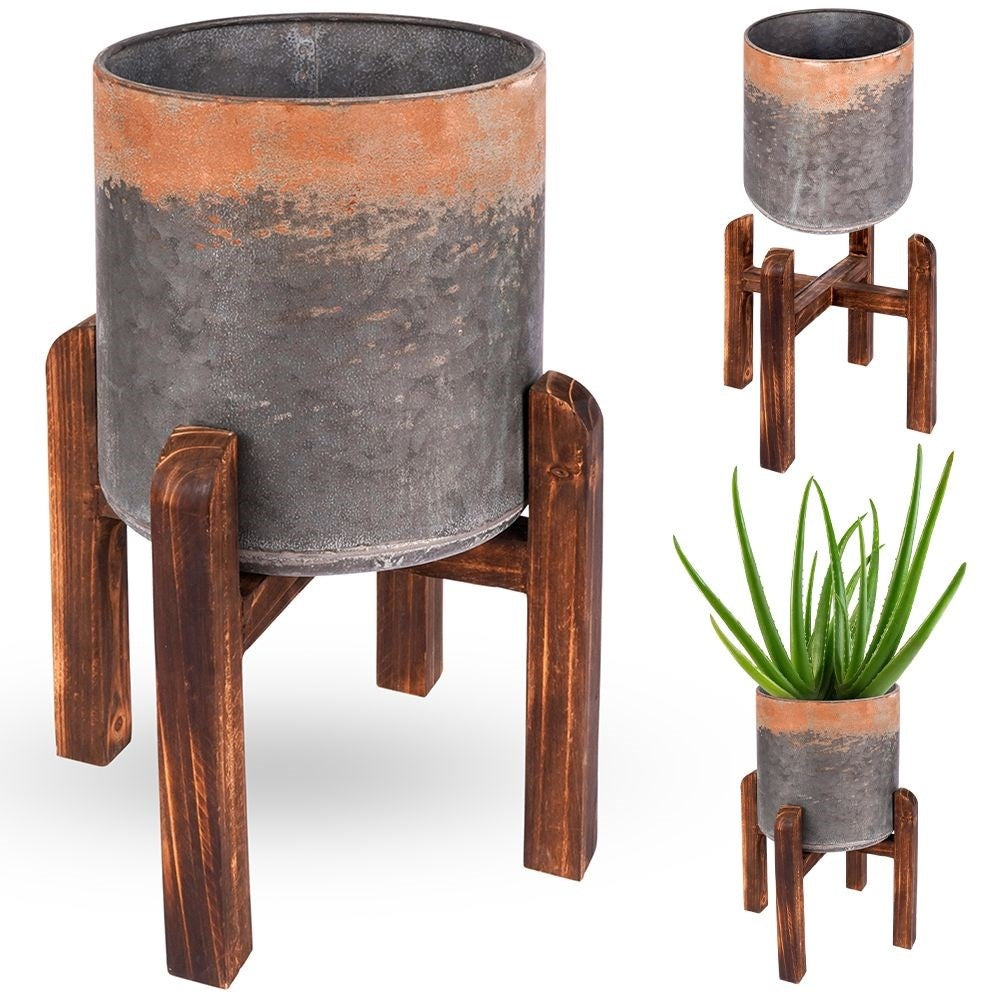 Vintage Flower Pot in Steel with Wooden Stand