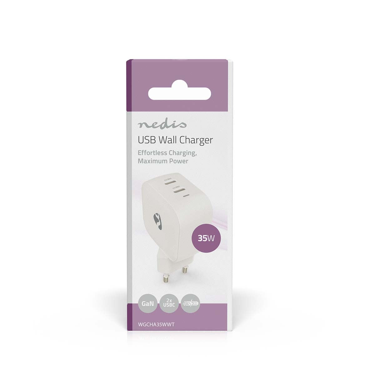 Wall Charger | 35 W | GaN | PD3.0 | Quick charge feature | 1.75 / 2.33 / 2.92 / 3.0 A | Number of outputs: 2 | 2x USB-C™ | Automatic Voltage Selection | White