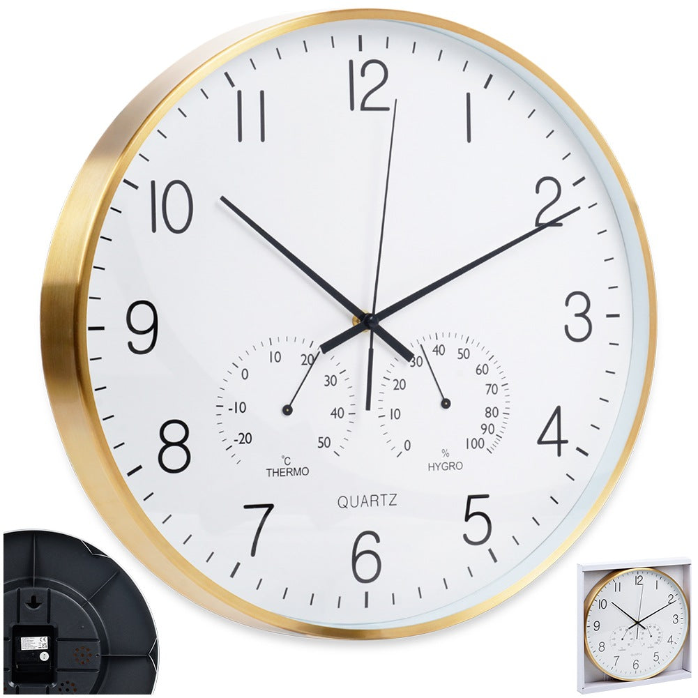 Wall clock with thermometer and hygrometer white gold 38 cm