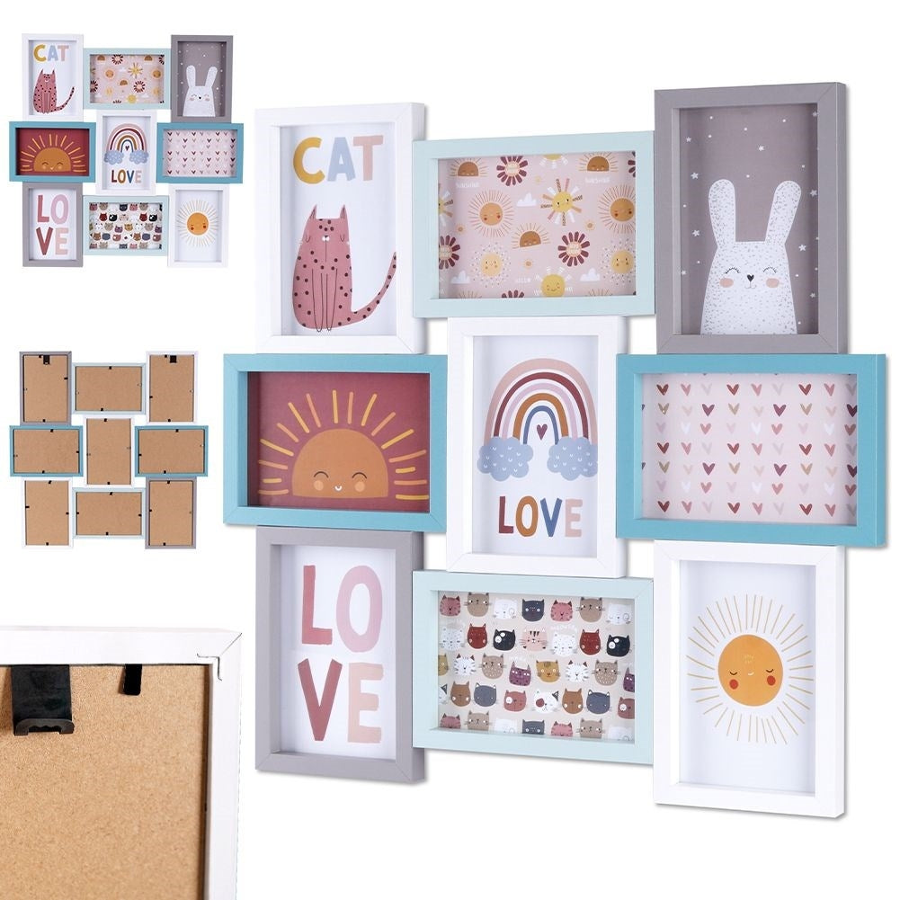 Wall collage with 9 pastel colored photo frames for children's rooms