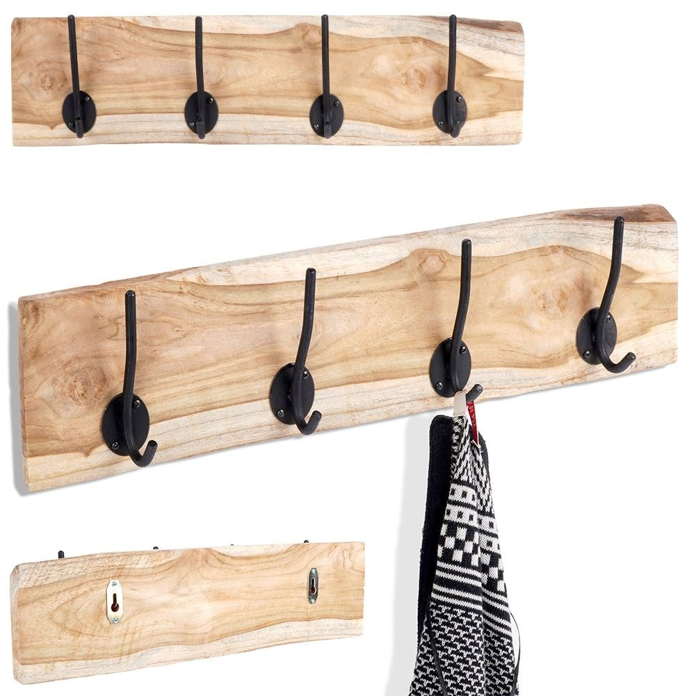 Wall-mounted Teak Clothes Hanger with Double Hooks