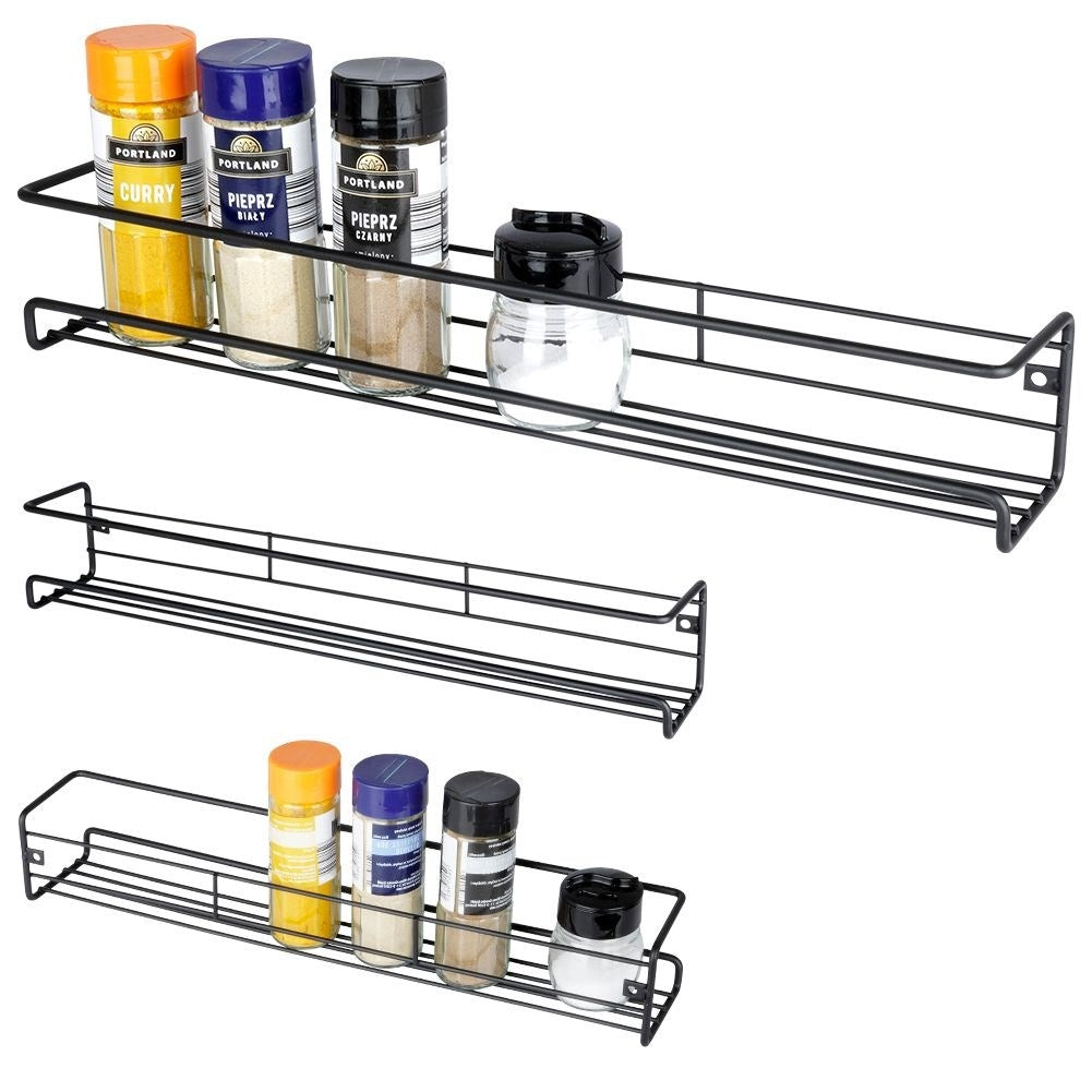 Wall-mounted black metal shelf for spices and cosmetics