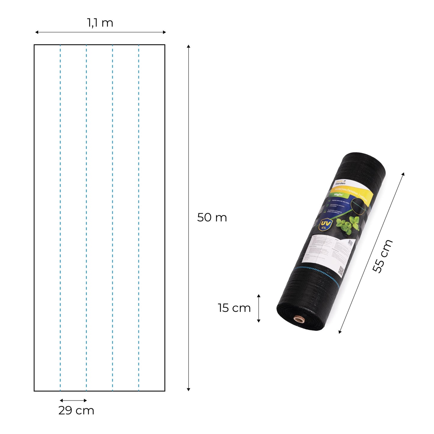 Weed Control Fabric, UV-Resistant, 1.1x50m, 90g/m², Pins Included