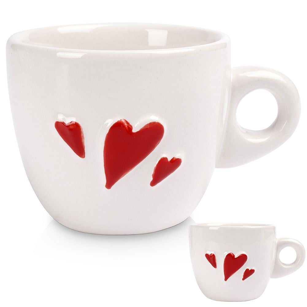 White Ceramic Espresso Cup with Red Hearts - Dishwasher safe