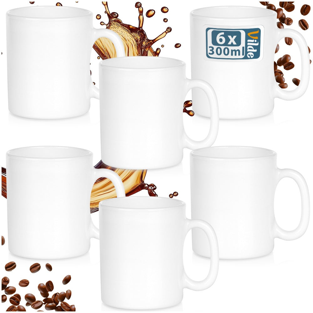 White Glass Mugs, 300 ml, Set of 6