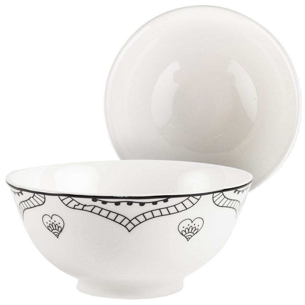 White Porcelain Bowl with Elegant Black Decor - 600 ml