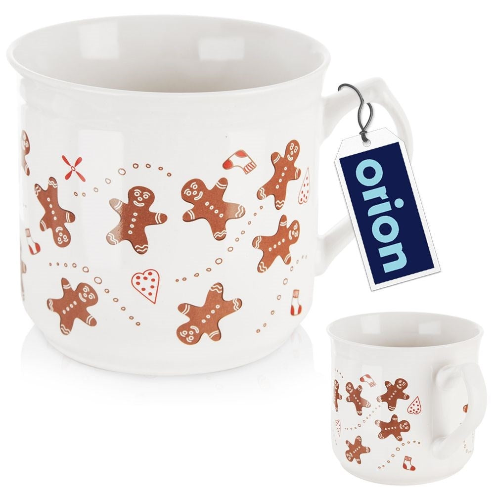 White ceramic mug with gingerbread motif, dishwasher & microwave safe