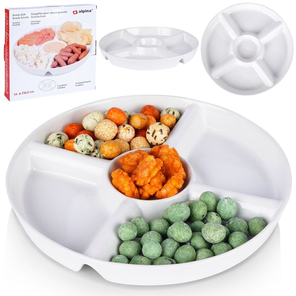 White ceramic serving dish with five sections for snacks