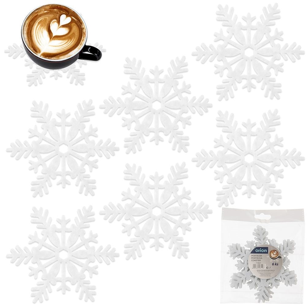 White felt coasters in snowflake shape for glasses and pans