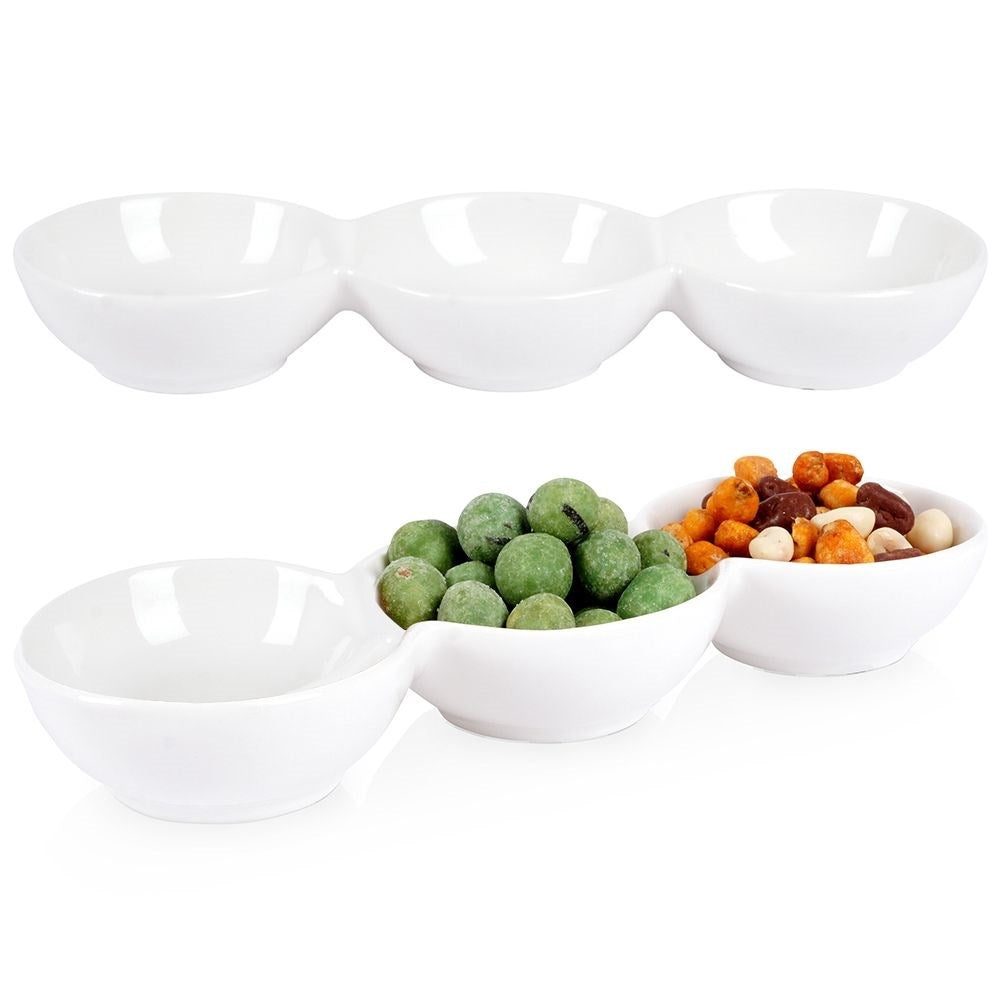White porcelain bowl with three compartments for snacks and dip
