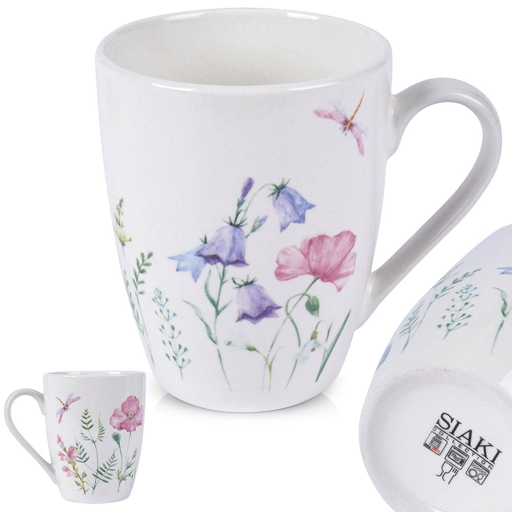 White porcelain cup with floral design, comfortable handle, dishwasher safe