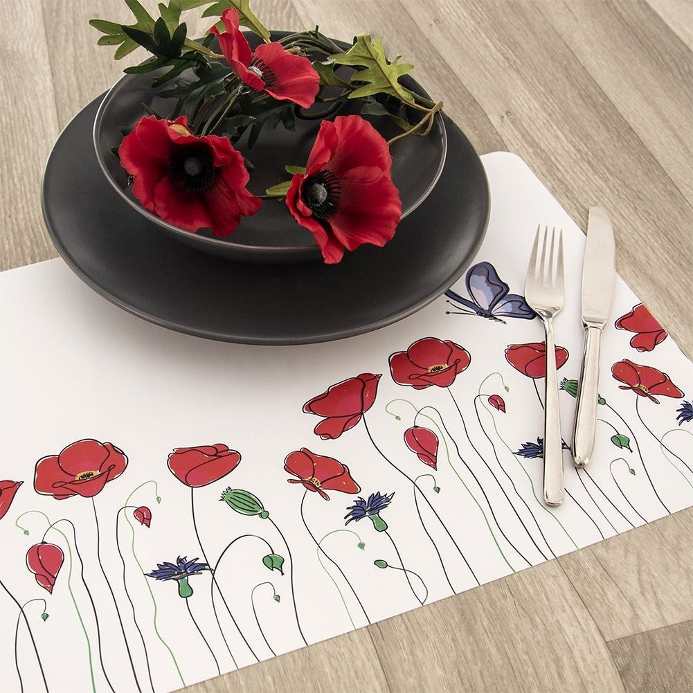 White rectangular plastic kitchen mat with poppy motif