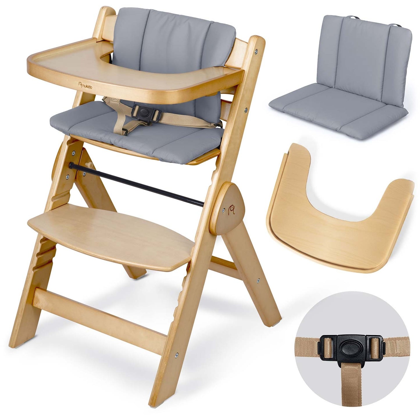 Wooden High Chair for Kids, Adjustable, Removable Tray