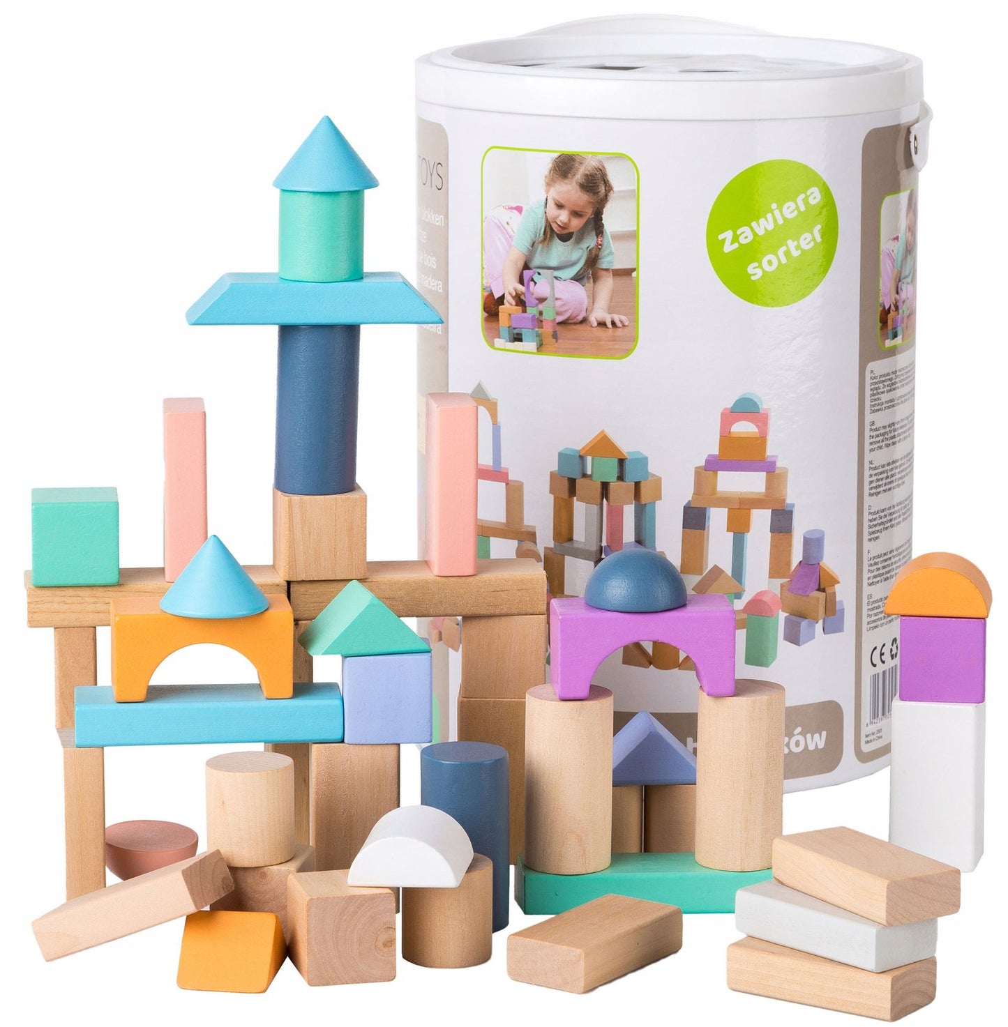 Wooden blocks 100 pieces bucket + sorter Ecotoys