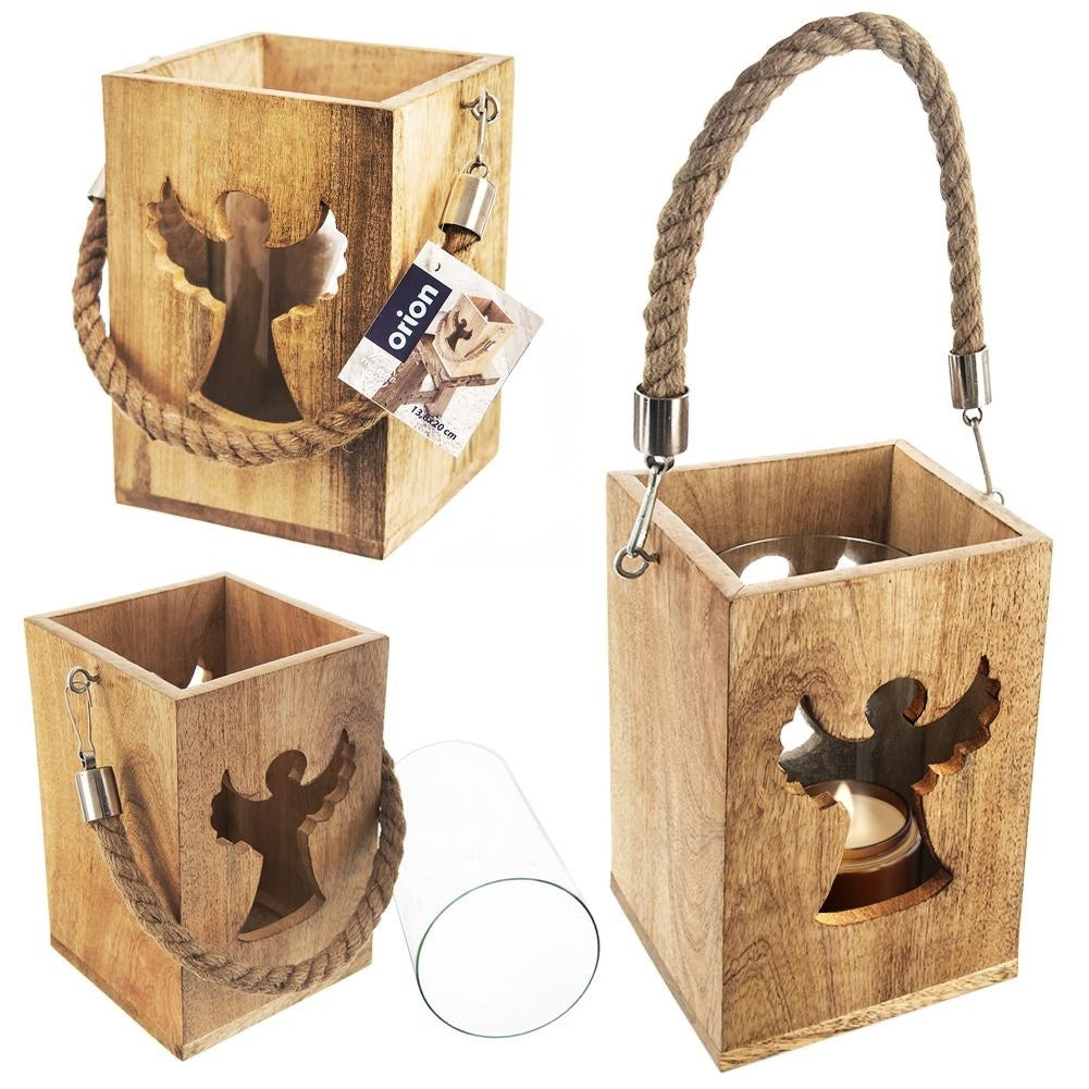 Wooden candle lantern with Angel for Indoors and Outdoors