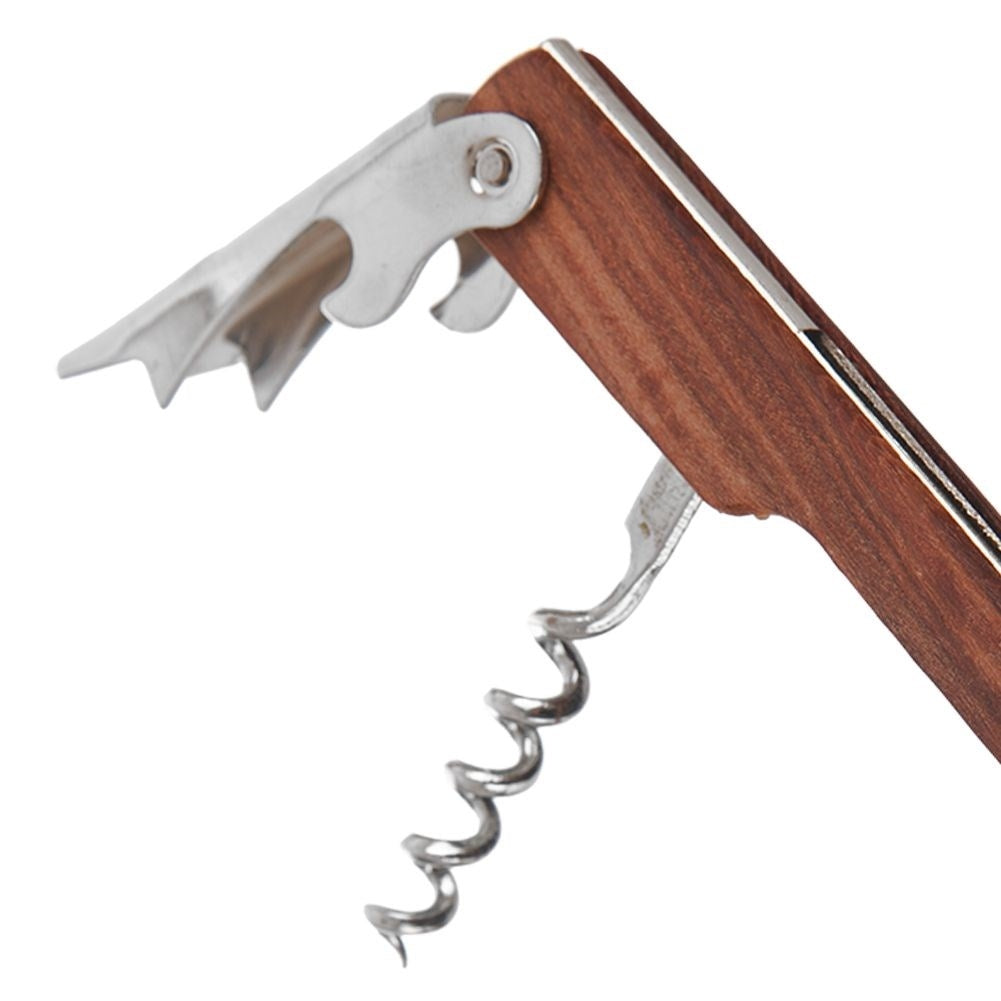 Wooden cork screw with steel, foil cutter and varnish knife