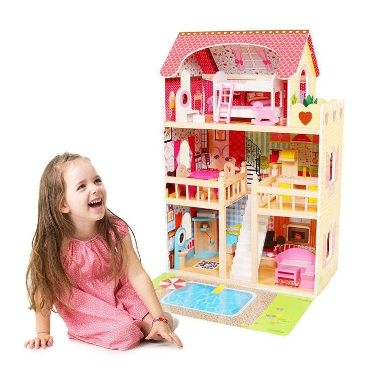 Wooden dollhouse, furniture, swimming pool + lighting ECOTOYS