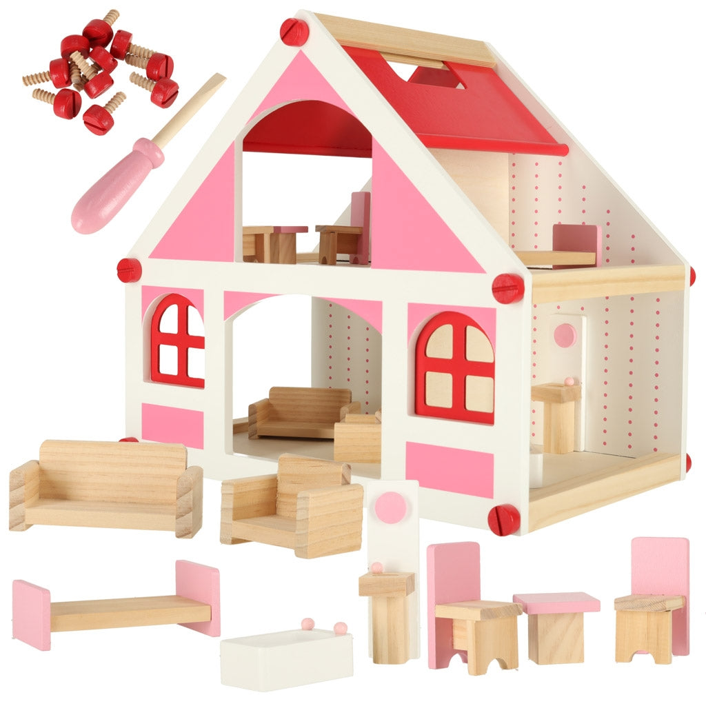 Wooden dolls' house white and pink + furniture 36cm