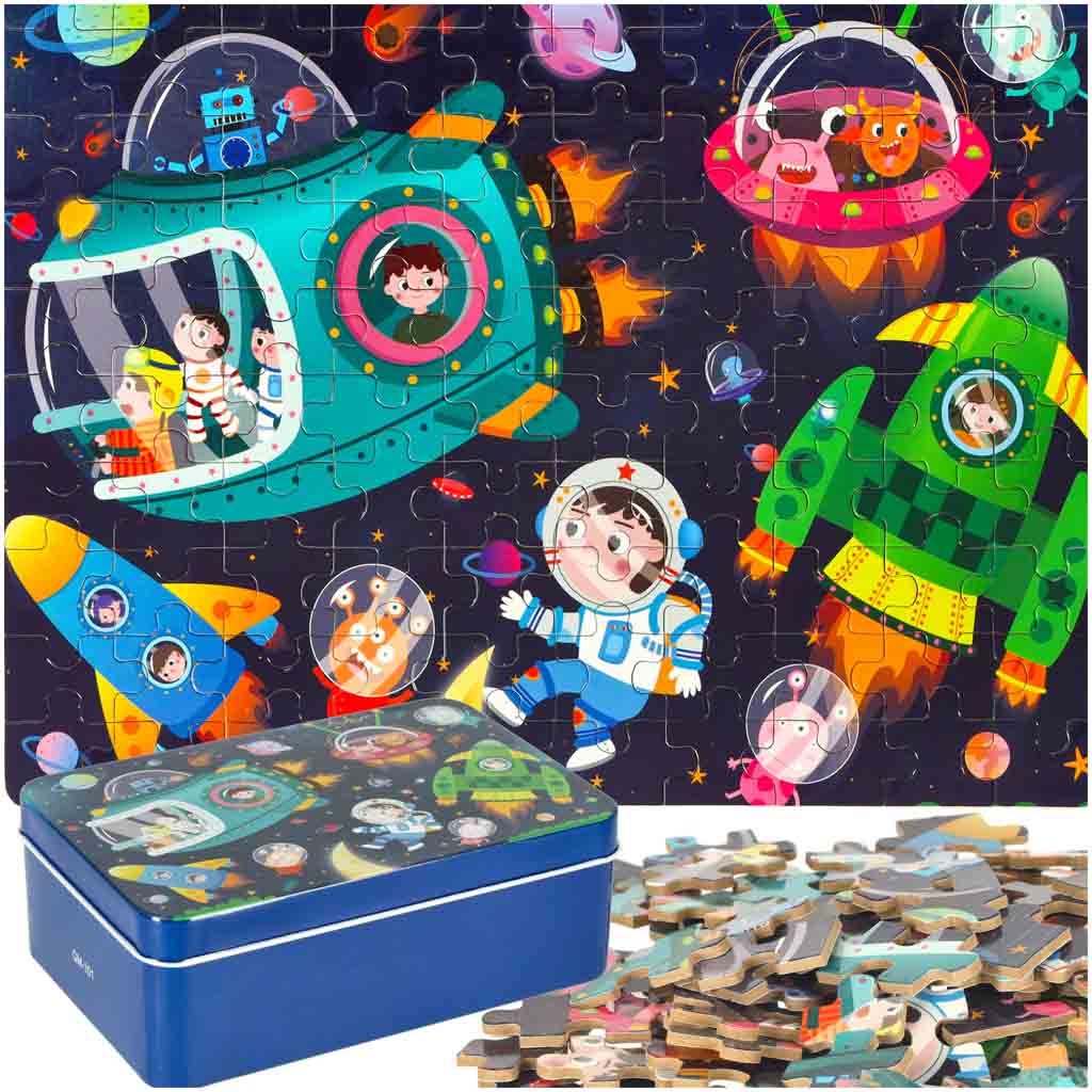 Wooden jigsaw puzzle in a tin cosmos 100el