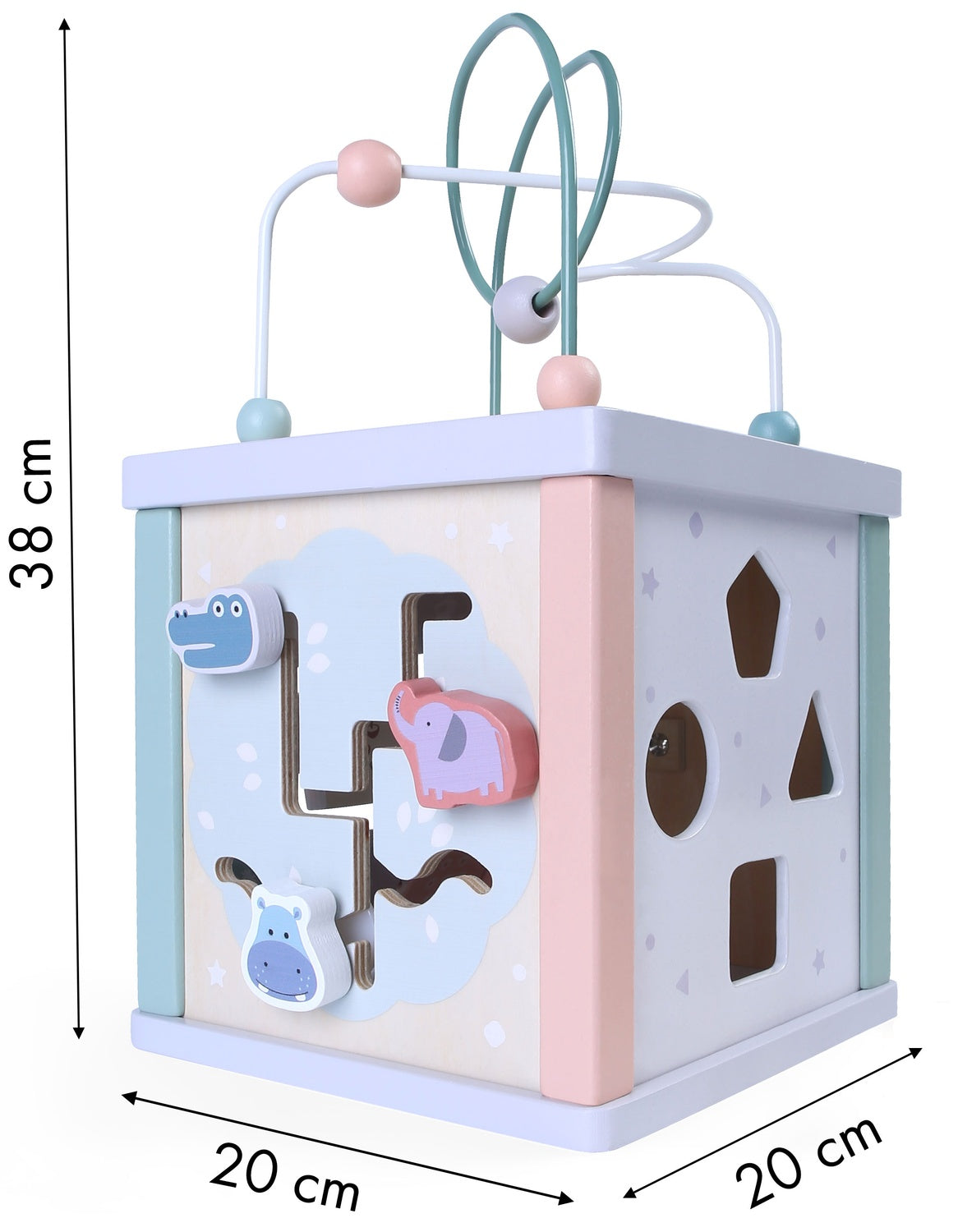 Wooden learning cube, sorter, mula, clock