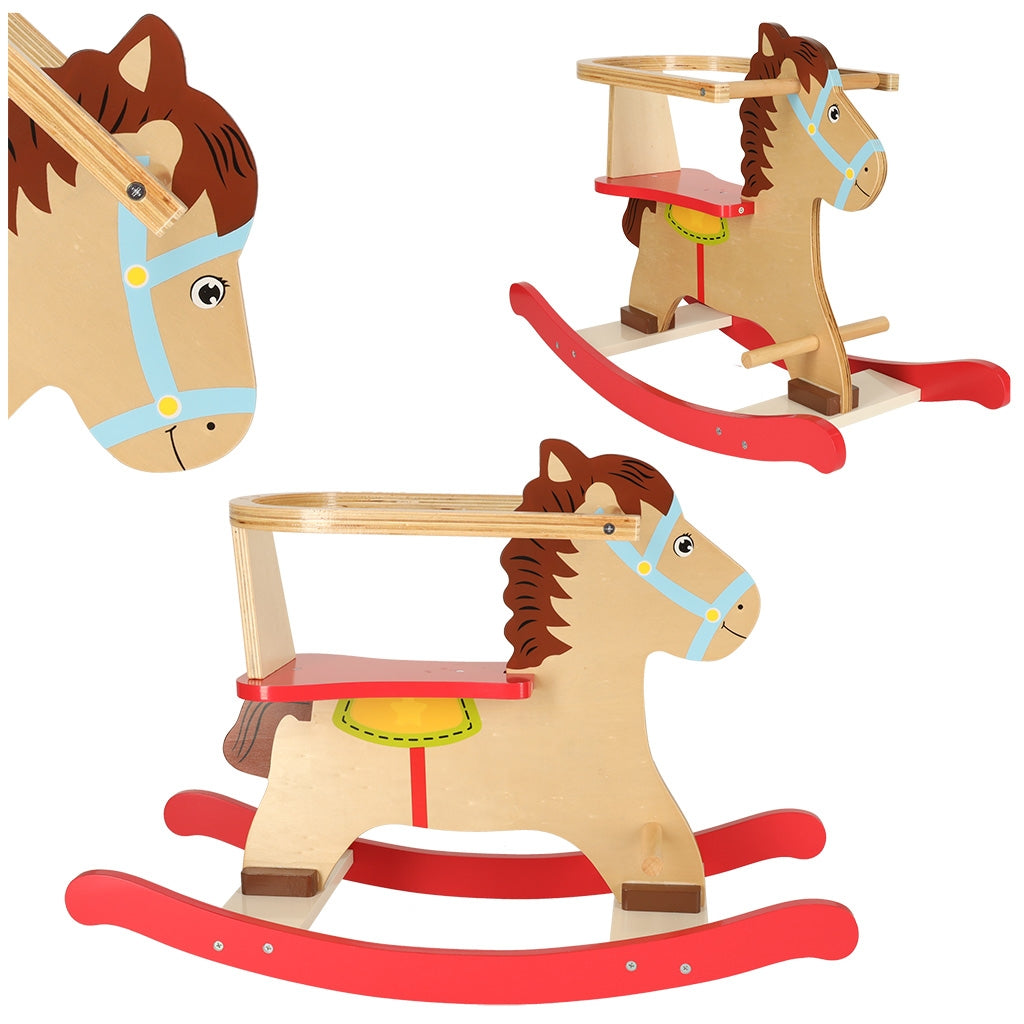 Wooden rocking horse with backrest