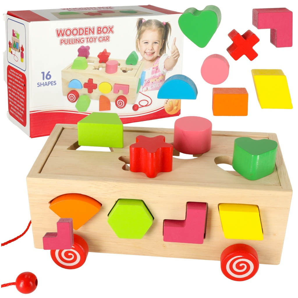 Wooden sorter mobile on a string shapes blocks