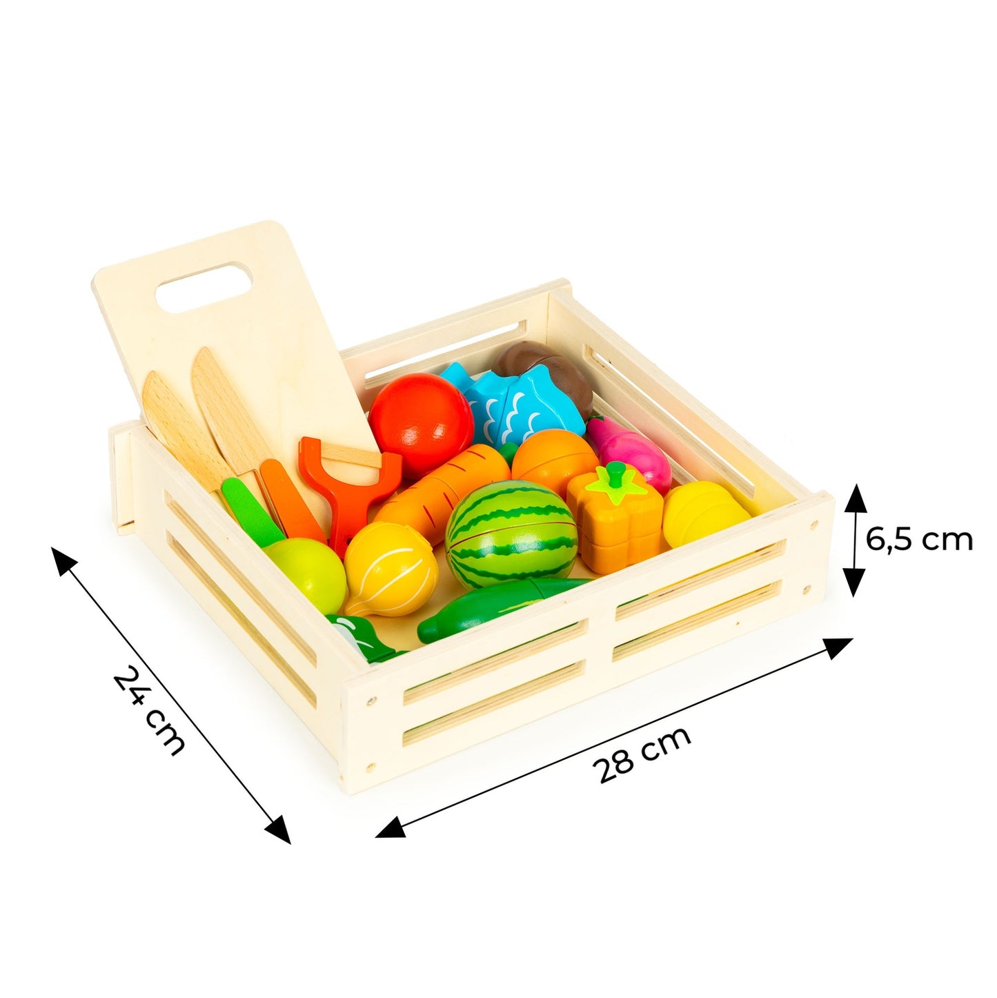 Wooden vegetables and fruits for cutting, wooden box + 17 elements