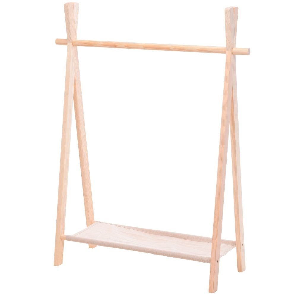 Wooden wardrobe with hangers for children's clothes and shoes