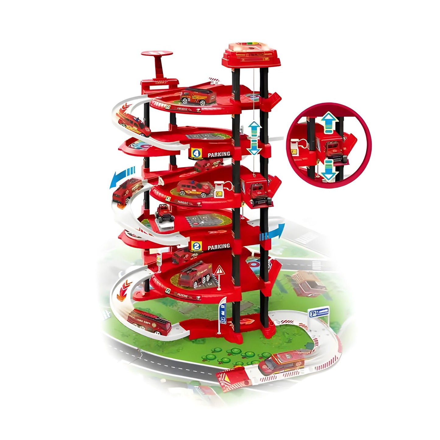 XXL Fire station parking garage – 5 levels + city play mat, 82 pieces