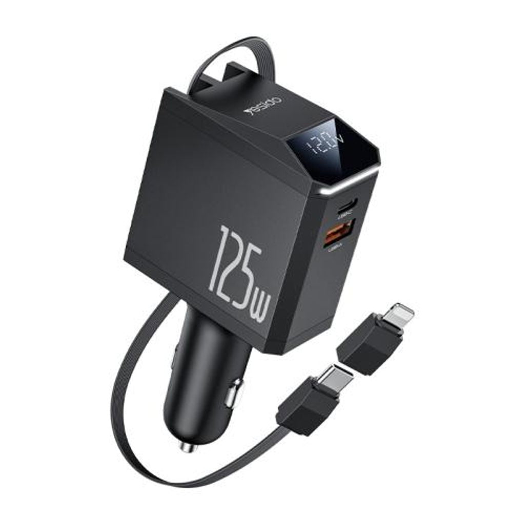 Yesido 125W Car Charger USB-C/USB-A ports and USB-C/Lightning Retractable Cable