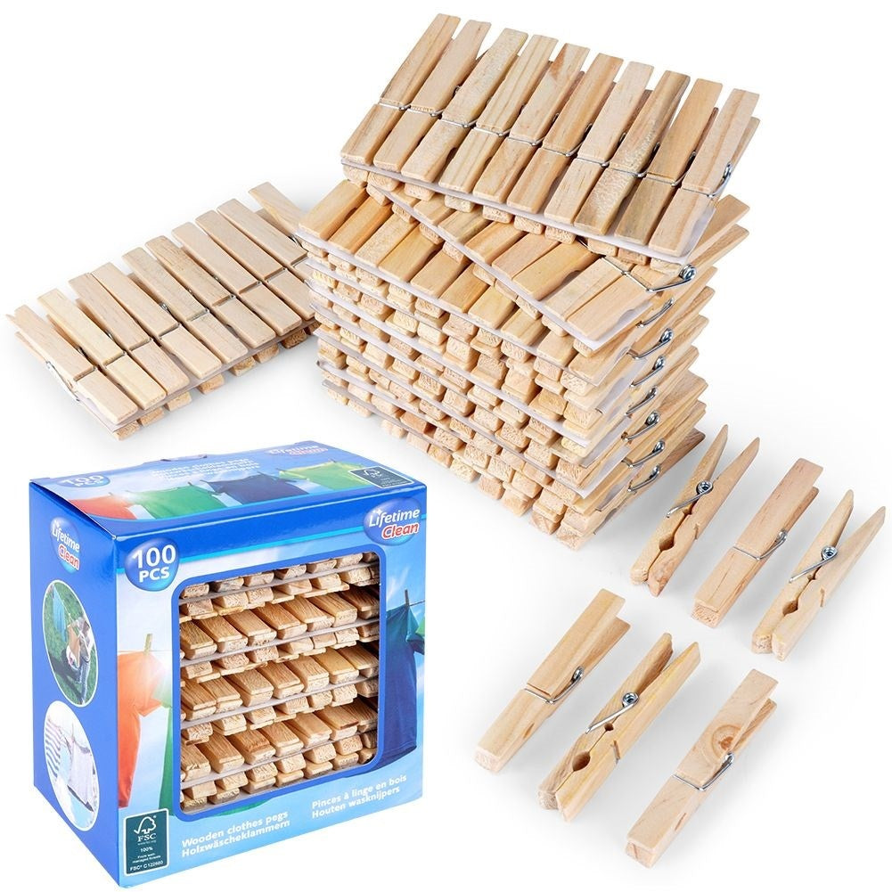 100 Strong and Durable Wooden Clothespins for Laundry