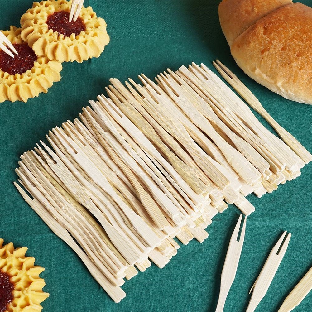 100 Wooden Bamboo Forks for Snacks & Appetizers - Disposable