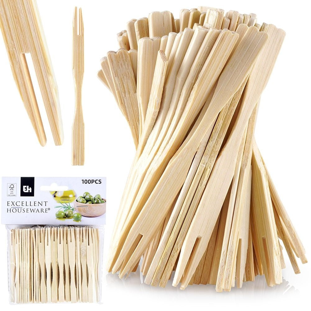 100 Wooden Bamboo Forks for Snacks & Appetizers - Disposable