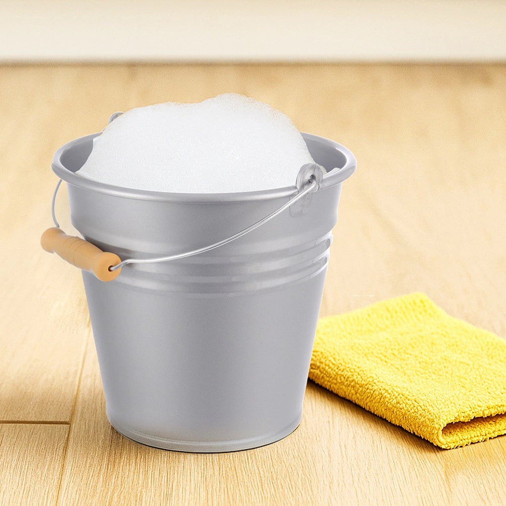 10 L Gray Plastic Bucket with Wood-Look Handle