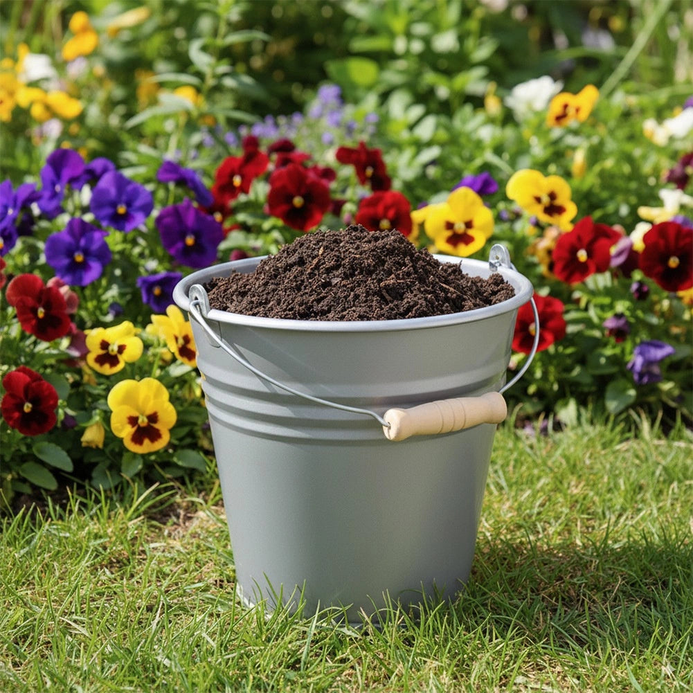 10 L Gray Plastic Bucket with Wood-Look Handle