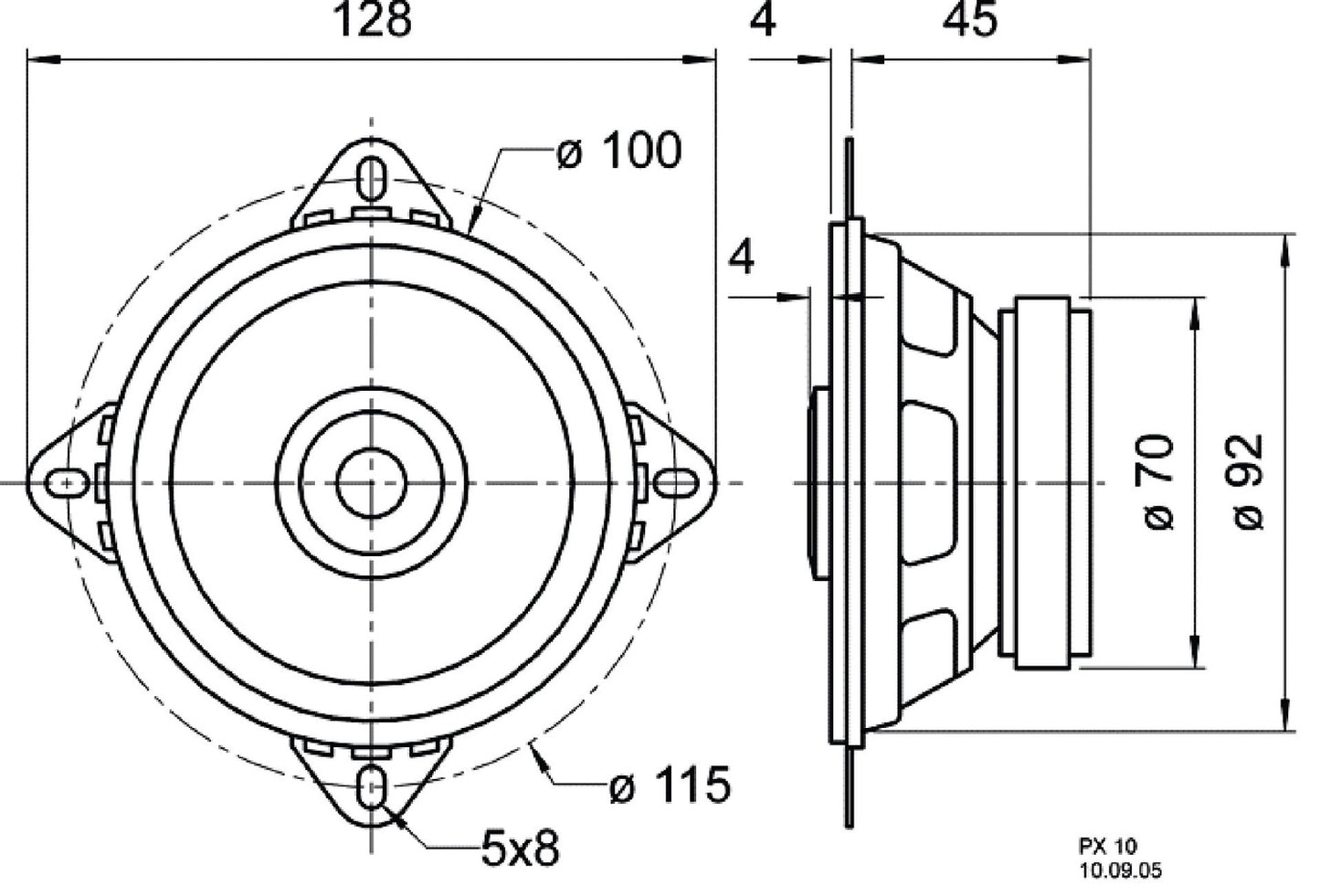 10 cm (4") 2-way coaxial speaker with standard basket and piezoelectric tweeter
