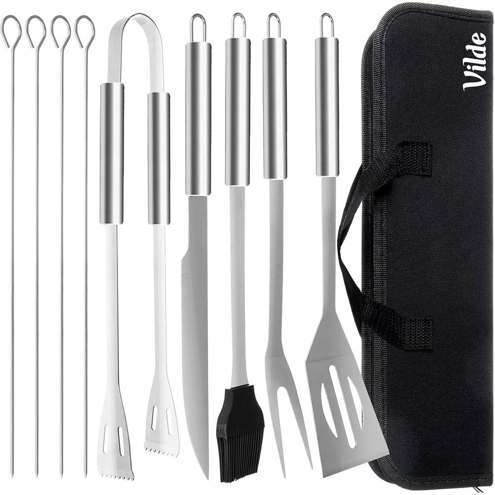 10 essential grilling tools in bag, stainless steel