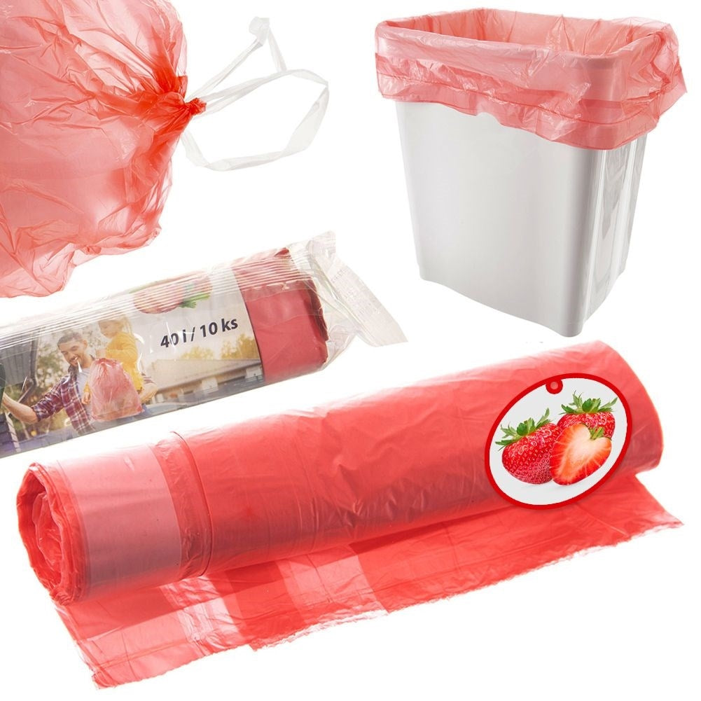 10-pack red garbage bags 40L with strawberry scent and drawstring