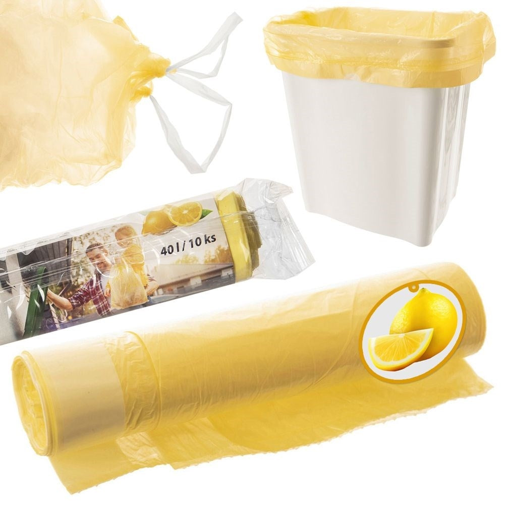 10-pack yellow garbage bags 40L HDPE with lemon scent and drawstring