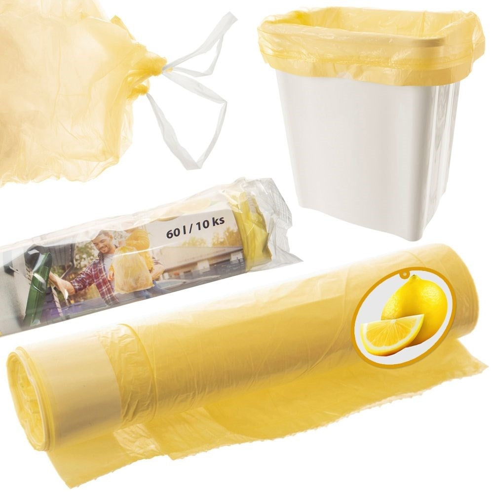 10 yellow garbage bags 60L HDPE with lemon scent and drawstring