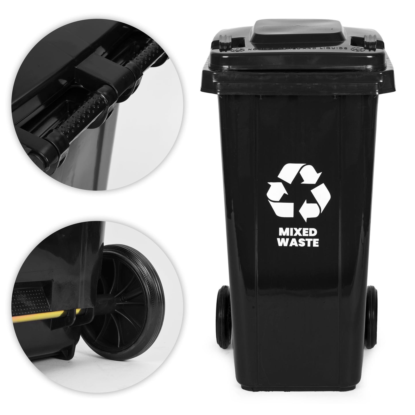 120L Black Mixed Waste Bin with Rubber Wheels