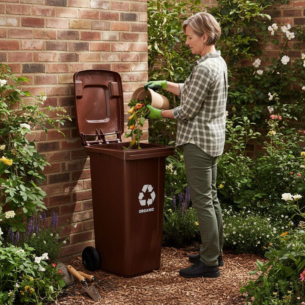 120L Brown Bio Waste Bin with Rubber Wheels