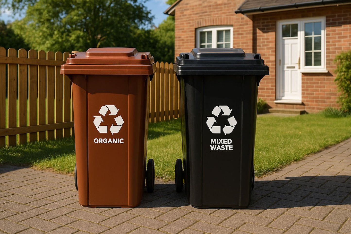 120L Waste Bins Set of 2 – Black & Brown, HDPE, Wheels