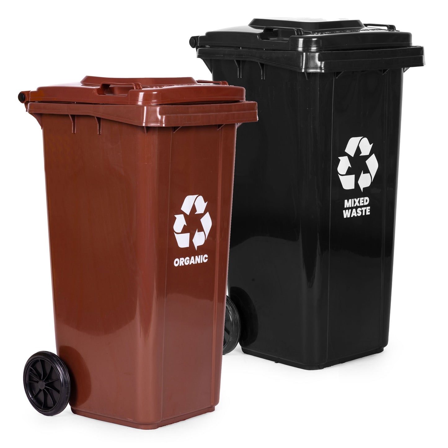 120L Waste Bins Set of 2 – Black & Brown, HDPE, Wheels